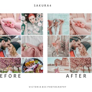May include: Before and after image showing the effects of a photo filter. The before image shows a collage of nine photos with a light blue and pink color scheme. The after image shows the same collage with a warmer, more pink color scheme. The text "SAKURA4" appears at the top of the image. The text "BEFORE" appears below the before image. The text "AFTER" appears below the after image. The text "VICTORIA BEE PHOTOGRAPHY" appears at the bottom of the image.