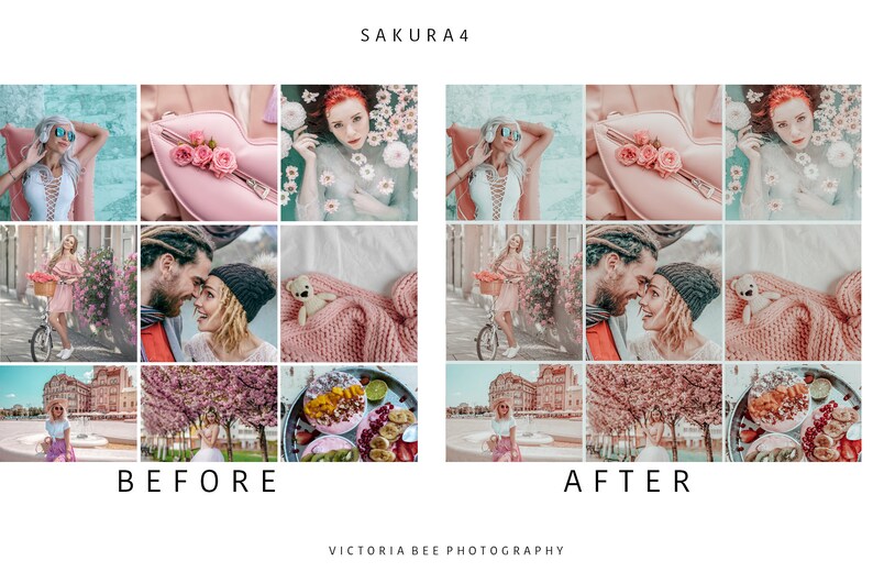 May include: Before and after image showing the effects of a photo filter. The before image shows a collage of nine photos with a light blue and pink color scheme. The after image shows the same collage with a warmer, more pink color scheme. The text "SAKURA4" appears at the top of the image. The text "BEFORE" appears below the before image. The text "AFTER" appears below the after image. The text "VICTORIA BEE PHOTOGRAPHY" appears at the bottom of the image.