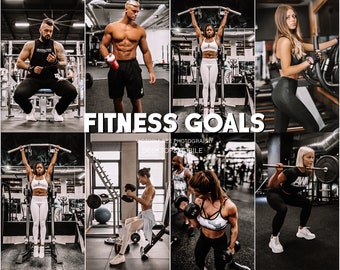 May include: A collage of images featuring people working out in a gym. The images show people lifting weights, doing pull-ups, and using other gym equipment. The text "FITNESS GOALS" is displayed in the center of the collage.