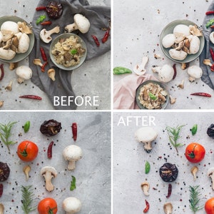 May include: A flat lay image of a food styling setup with a bowl of risotto, mushrooms, tomatoes, peppers, and herbs on a gray background. The image is split into two sections, labeled "Before" and "After", showing the difference in lighting and color.