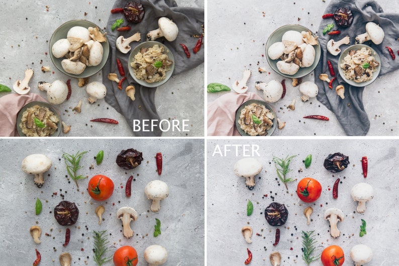 May include: A flat lay image of a food styling setup with a bowl of risotto, mushrooms, tomatoes, peppers, and herbs on a gray background. The image is split into two sections, labeled "Before" and "After", showing the difference in lighting and color.