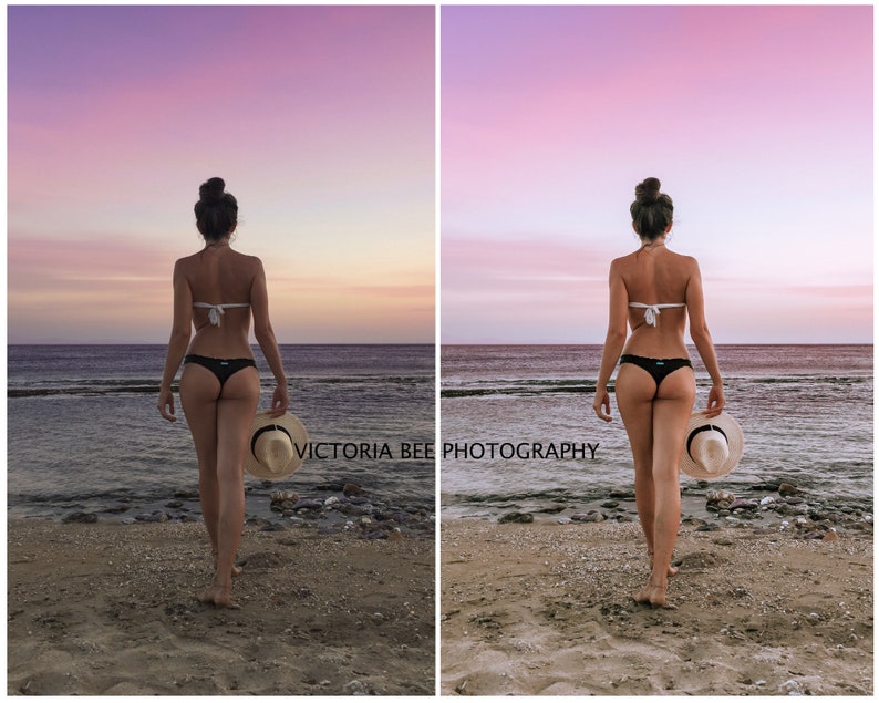 May include: A woman in a black bikini walks along a sandy beach with a straw hat in her hand. The sky is a vibrant pink and purple, creating a beautiful sunset backdrop.