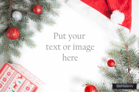 Christmas Tree Branches Santa Hat Gift Box Red And