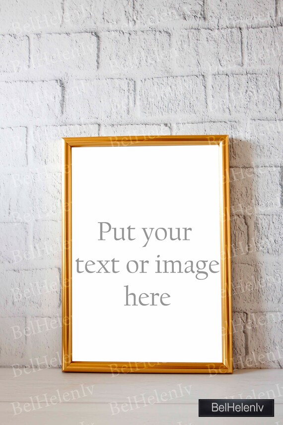 Gold Frame And White Brick Wall  Stylish Stock
