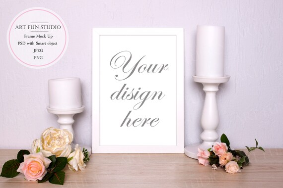 Mockup Frame With Delicate Pink Flowers And White Candles