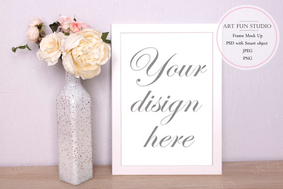 White Frame With Vase With Flowers Mockup Psd Smart