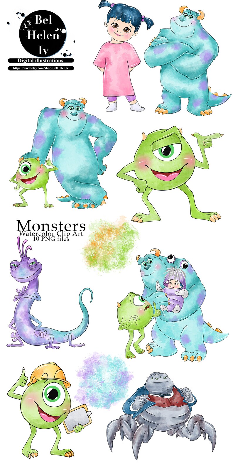 Monsters Watercolor Clip Art Monsters Clipart Digital | Etsy