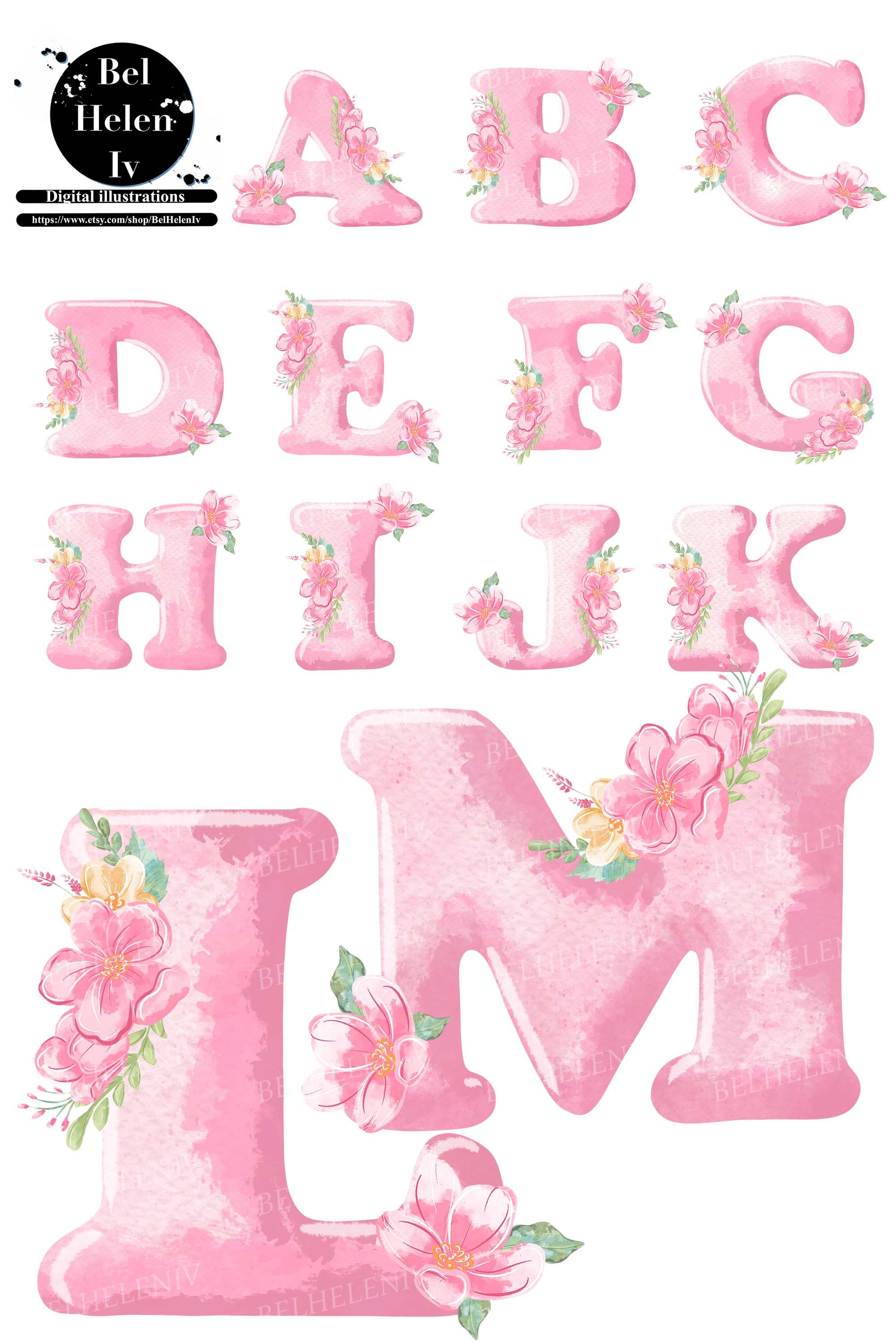 Pink flower alphabet clipart alphabet watercolor baby art | Etsy