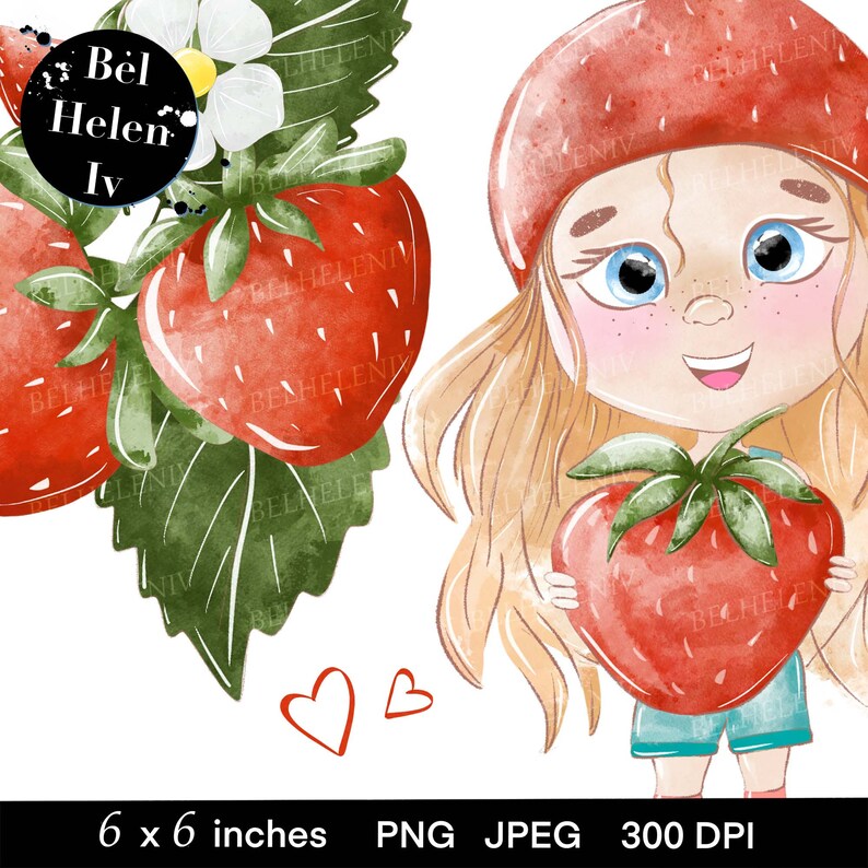 Strawberry Clipart The girl with strawberry clip art bright Etsy