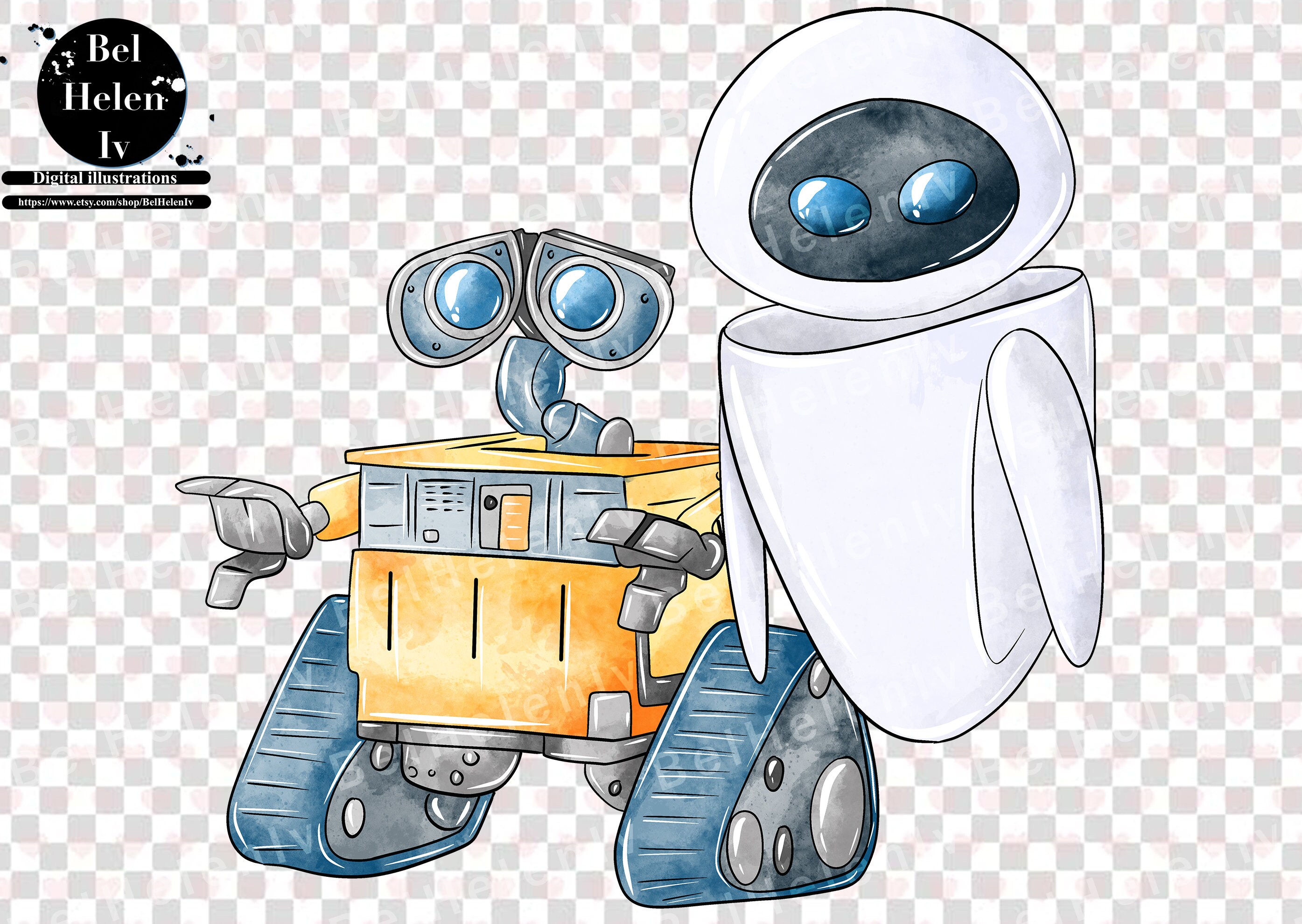 Walle & Eva PNG Walle Watercolor Clip Art Robot PNG Eva Etsy UK