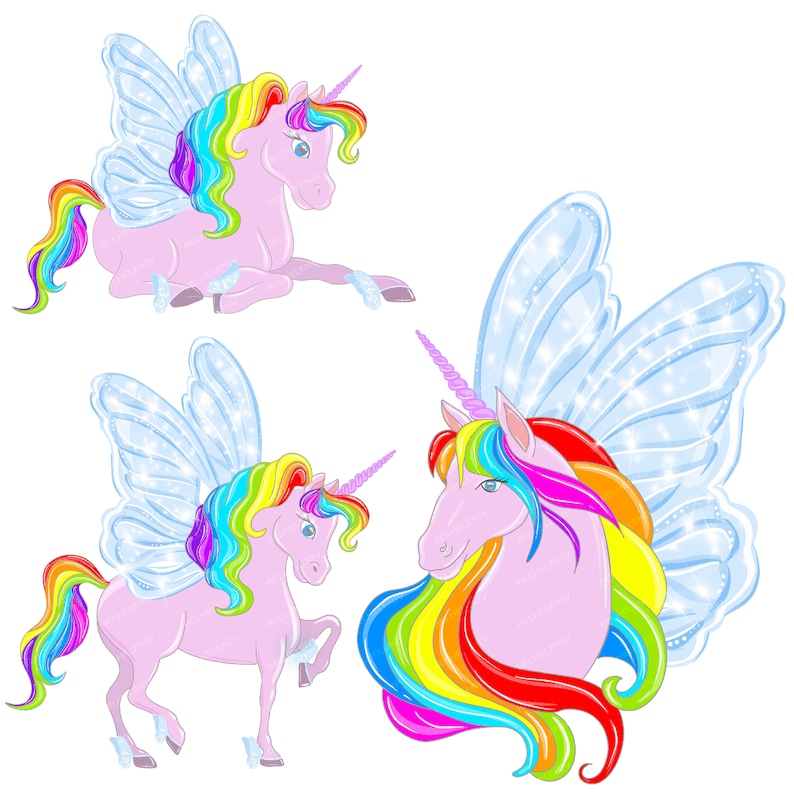 Unicorn with wings rainbow pink Clipart Illustration drawing Etsy