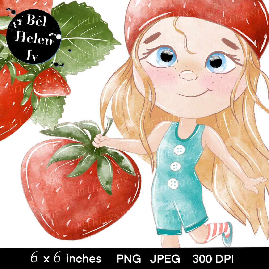 Strawberry Clipart the Girl With Strawberry Clip Art Bright Etsy