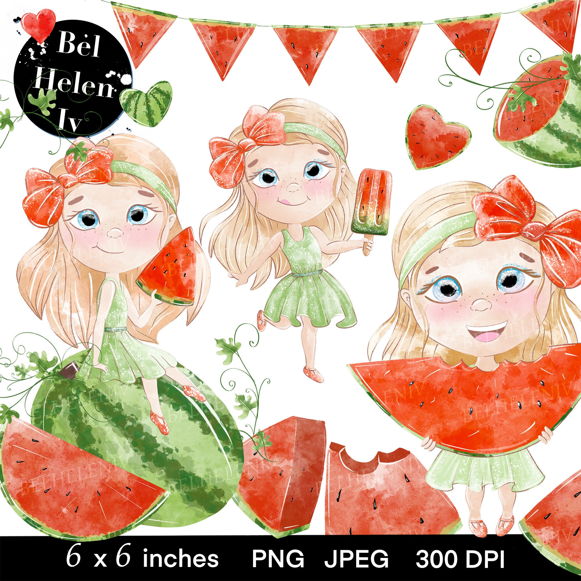 Watermelon Girls clipart digital clip art Watercolor Etsy