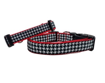 Black, White, and Red Houndstooth Dog Collar