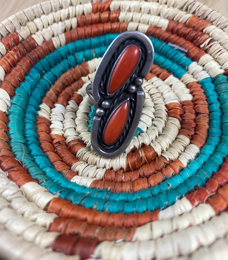 Vintage Native American Mediterranean Coral and Sterling Silver Ring image 1