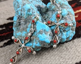 Zuni Needle Point Sterling Silver and Coral Earrings