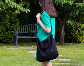 Linen Crossbody Tote Bag: Minimalist Black Messenger with Pockets