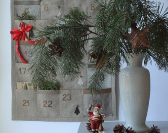 Christmas waiting calendar, Personalised Handmade Linen Christmas Advent Calendar, Reusable calendar, Xmas Decoration, Fill your own Pockets