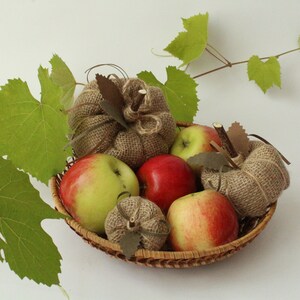 Op de afbeelding: Een gevlochten mand van riet met drie pompoenen van jute en drie verse appels. De pompoenen zijn voorzien van kleine houten steeltjes en stoffen blaadjes. Een groene rank met verschillende gekartelde bladeren steekt uit de mand en voegt een natuurlijk element toe aan het arrangement van fruit en textieldecoratie.