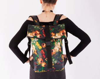 Floral backpack, Rolltop backpack, Computer backpack, Waterproof backpack, Vegan leather bag, Flap backpack, Faux leather bag