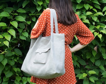 Große Schultertasche mit Taschen, Ästhetische Tasche, Große Schultertasche aus Bio-Leinen - doppellagiger Stoff