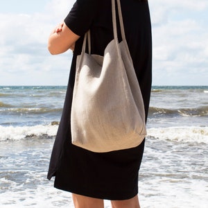 Natural linen tote bag,Double layer linen bag with slim starps,Natural tote bag,Stylish linen beach bagTote bag with pockets,Ready as a gift image 1