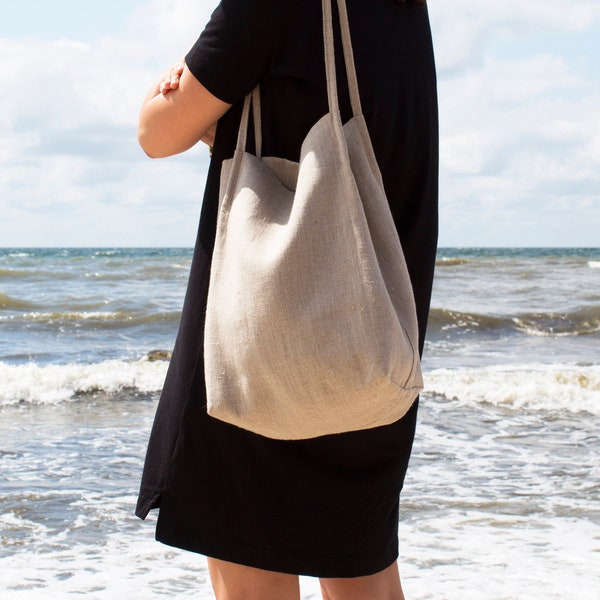 Natural linen tote bag,Double layer linen bag with slim starps,Natural tote bag,Stylish linen beach bagTote bag with pockets,Ready as a gift