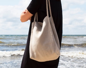 Natural linen tote bag,Double layer linen bag with slim starps,Natural tote bag,Stylish linen beach bagTote bag with pockets,Ready as a gift