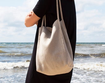 Natuurlijke linnen draagtas, dubbellaagse linnen tas met slanke sterren, natuurlijke draagtas, stijlvolle linnen strandtas draagtas met zakken, klaar als cadeau