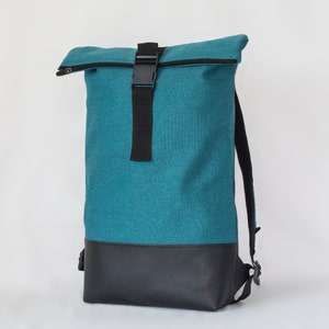 Turquoise roll top backpack vegan leather, Large roll top backpack, Minimalist waterproof backpack image 7