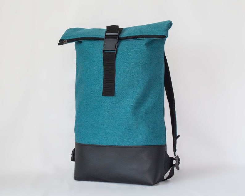 Turquoise roll top backpack vegan leather, Large roll top backpack, Minimalist waterproof backpack image 7