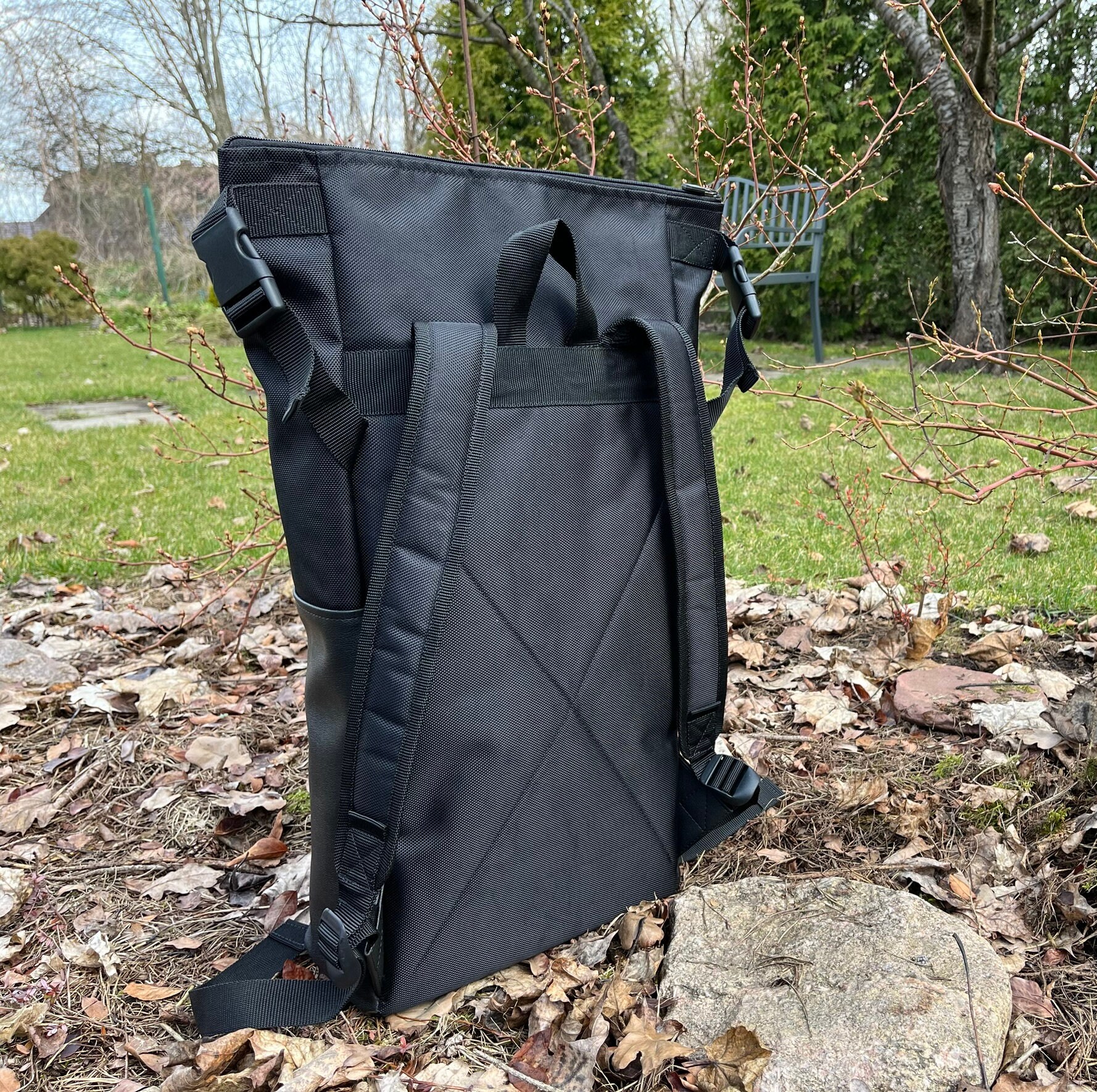 Waterproof Vegan Leather Roll Top Backpack: Handmade Laptop  display picture 2