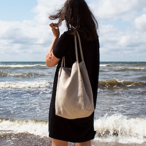 Borsa tote in lino naturale,Borsa in lino a doppio strato con stelle sottili,Borsa tote naturale,Elegante borsa da spiaggia in linoBorsa tote con tasche,Pronta come regalo immagine 4