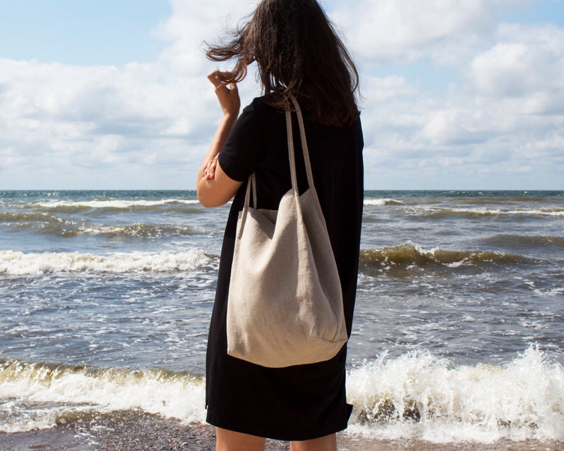 Borsa tote in lino naturale,Borsa in lino a doppio strato con stelle sottili,Borsa tote naturale,Elegante borsa da spiaggia in linoBorsa tote con tasche,Pronta come regalo immagine 4