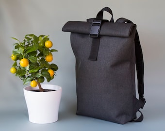 Schwarzer Rolltop-Rucksack, Rolltop-Rucksack, veganer Rolltop-Canvas-Rucksack, Canvas-Rucksack, wetterbeständiges Wandern, Damen- und Herren-Geldbörse, Unisex