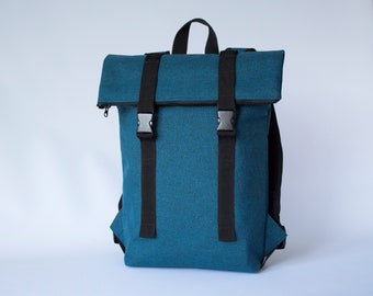 Rolltop Rucksack, wasserdichter Rucksack, blauer Rucksack, Vegan Rucksack, wasserfeste Tasche, Aktenrucksack, Rucksack für Schulästhetik