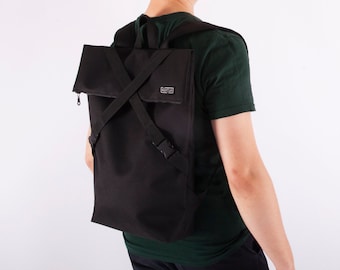 Waterproof Roll Top Backpack: Black Laptop Travel Bag