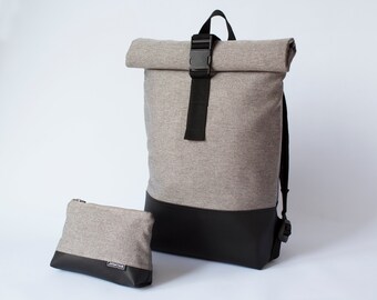 Roll Top Vegan Leather Backpack: Unisex Hiking Rucksack, Laptop bag