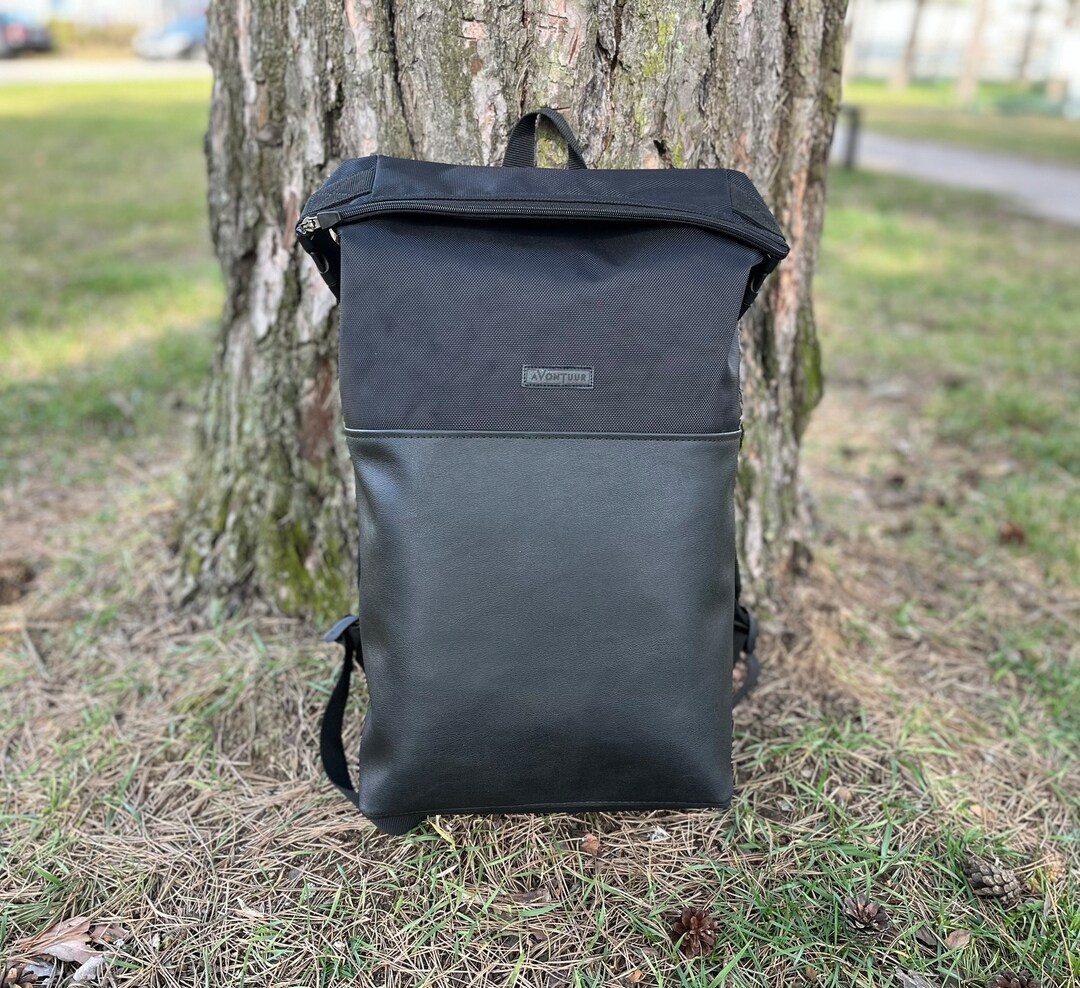 Waterproof Vegan Leather Roll Top Backpack: Handmade Laptop  display picture 1