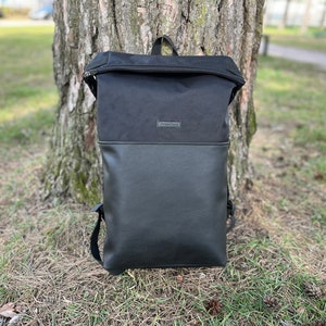 Waterproof Vegan Leather Roll Top Backpack: Handmade Laptop Travel Bag