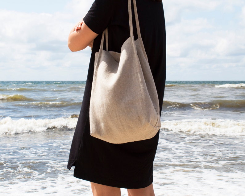 Natural linen tote bag,Double layer linen bag with slim starps,Natural tote bag,Stylish linen beach bagTote bag with pockets,Ready as a gift image 1