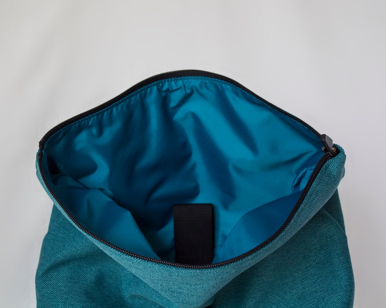 Turquoise roll top backpack vegan leather, Large roll top backpack, Minimalist waterproof backpack image 6