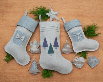 Linen Christmas stocking, Natural Christmas socks, Hanging farmhouse stockings