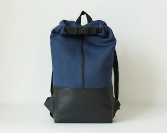 Blue rolltop backpack, Rucksack for me and women, Water resistant bag