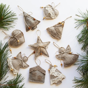 Linen Christmas tree decorations, Set of 1, 3 or 5 Christmas toys, Natural linen Xmas décor, Small linen stuffed plush toys