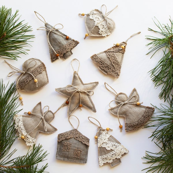Décorations d'arbre de Noël en lin, Lot de 1, 3 ou 5 jouets de Noël, Décoration de Noël en lin naturel, Petites peluches en lin
