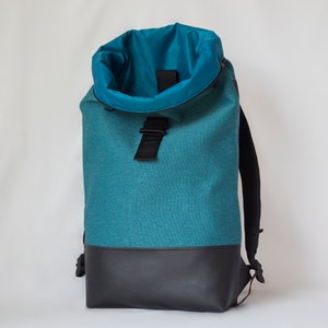 Turquoise roll top backpack vegan leather, Large roll top backpack, Minimalist waterproof backpack image 2