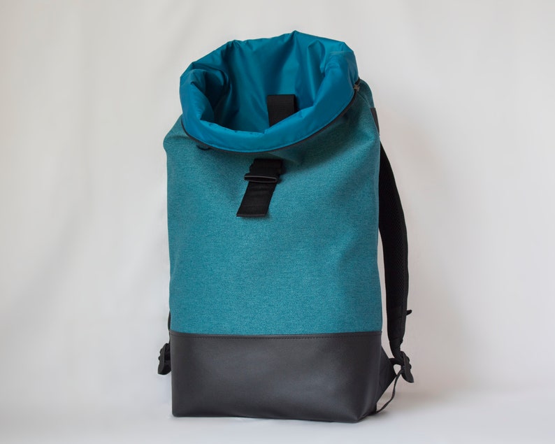 Turquoise roll top backpack vegan leather, Large roll top backpack, Minimalist waterproof backpack image 2
