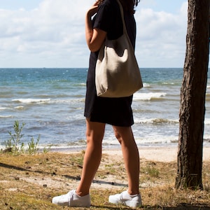 Natural linen tote bag,Double layer linen bag with slim starps,Natural tote bag,Stylish linen beach bagTote bag with pockets,Ready as a gift image 7