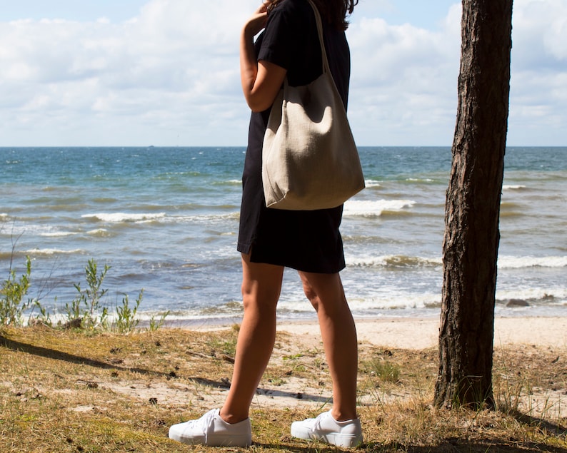 Natürliche Leinentasche, Doppellagige Leinentasche mit schlanken Sternen, Natürliche Einkaufstasche, Stilvolle LeinenstrandtascheEinkaufstasche mit Taschen, Bereit als Geschenk Bild 7